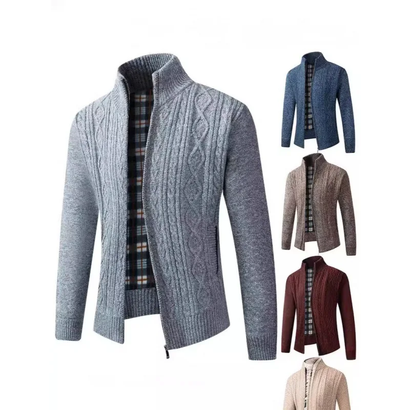 

Осенне-зимний мужской вязаный свитер с воротником-стойкой, бархатный теплый однотонный повседневный свитер, кардиган, мужская одежда