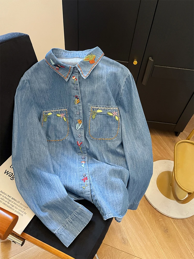 

Women's Vintage Blue Denim Shirt Spring Fall Floral Embroidered Long Sleeve Blouse Sweet Fashion Casual Outerwear Top Chic