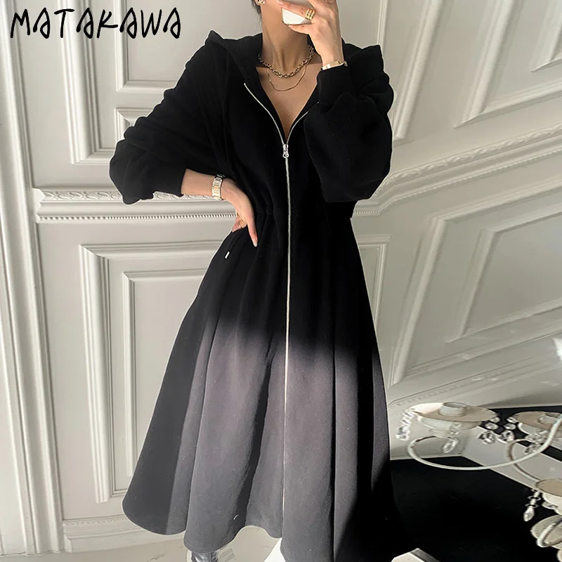 MATAKAWA Robe Korean Fashion Elegant Hooded Zipper Slim High Waist Cardigan Sweatshirt Dress Patchwork Vestidos Woman Clothes