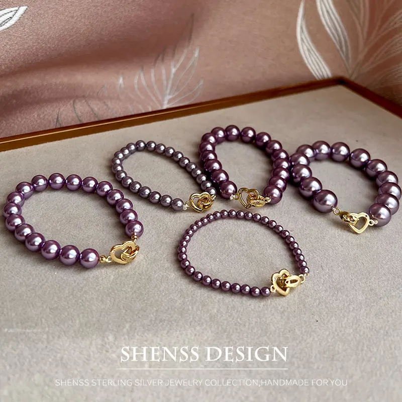 

Elegant Purple ColoIr mitation Pearl Copper Plated 14k Gold Bracelet Classic Temperament Jewelry For Women Length 15cm-19cm