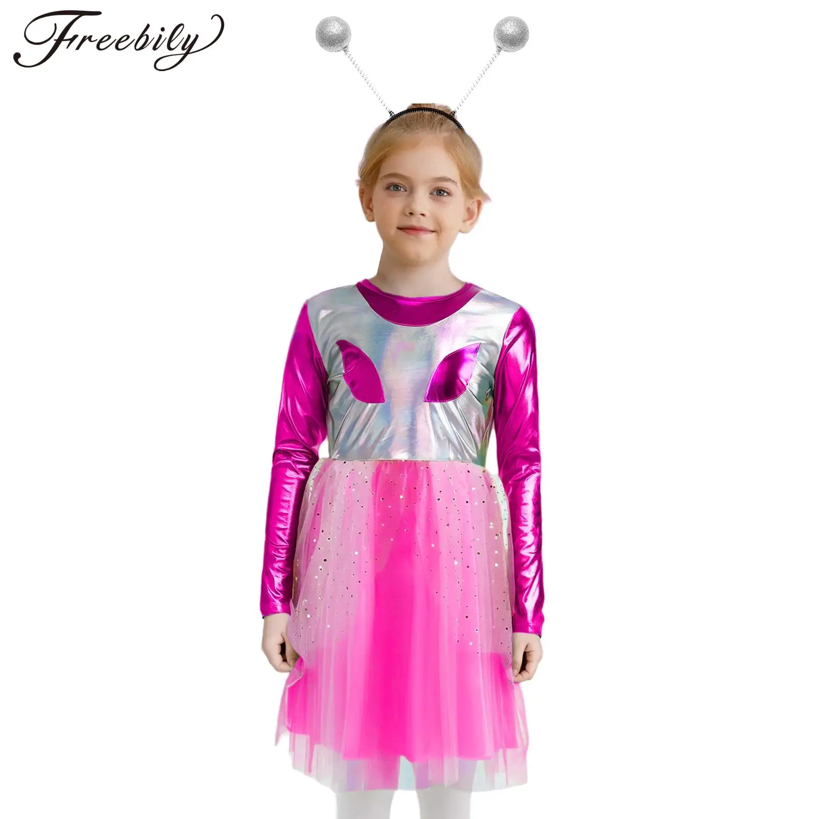 

Girls Alien Costume Halloween Outer Space Cutie Robot Cosplay Dress Up Metallic Long Sleeve Sequins Tulle Dress And Hair Hoop