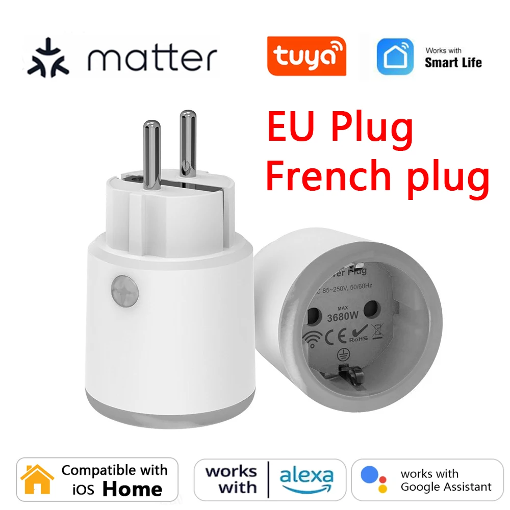 Matter Wifi Smart Socket 16A EU / French Smart Plug Use Tuya App with Power Monitoring Works with Homekit Alexa Echo Google