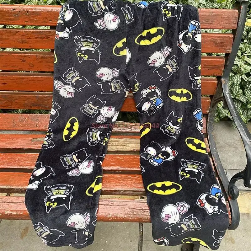 Novo sanrio hello kitty y2k estilo outono batman calças de pijama dos desenhos animados hip hop senhora quente casual flanela calças de inverno presentes de natal