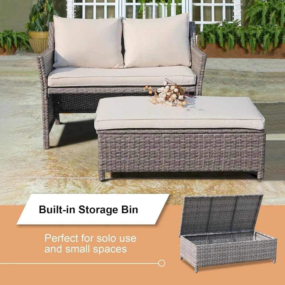 2-Piece Outdoor Patio Furniture Wicker Love-seat and Coffee Table Set, with Built-in Storage Bin, Grey Rattan, Beige Cushions