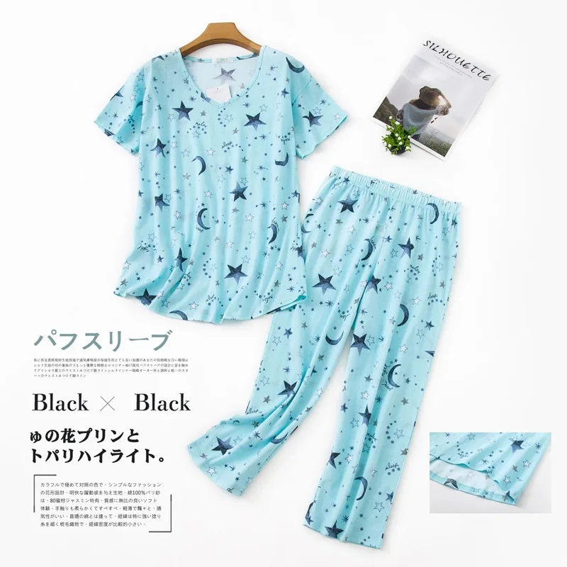 2024 New Summer Female Casual Loosen Cartoon Pajama Sets Ladies Cotton Sleepwear Suit Women Short Sleeve Plus Size Home Clothes