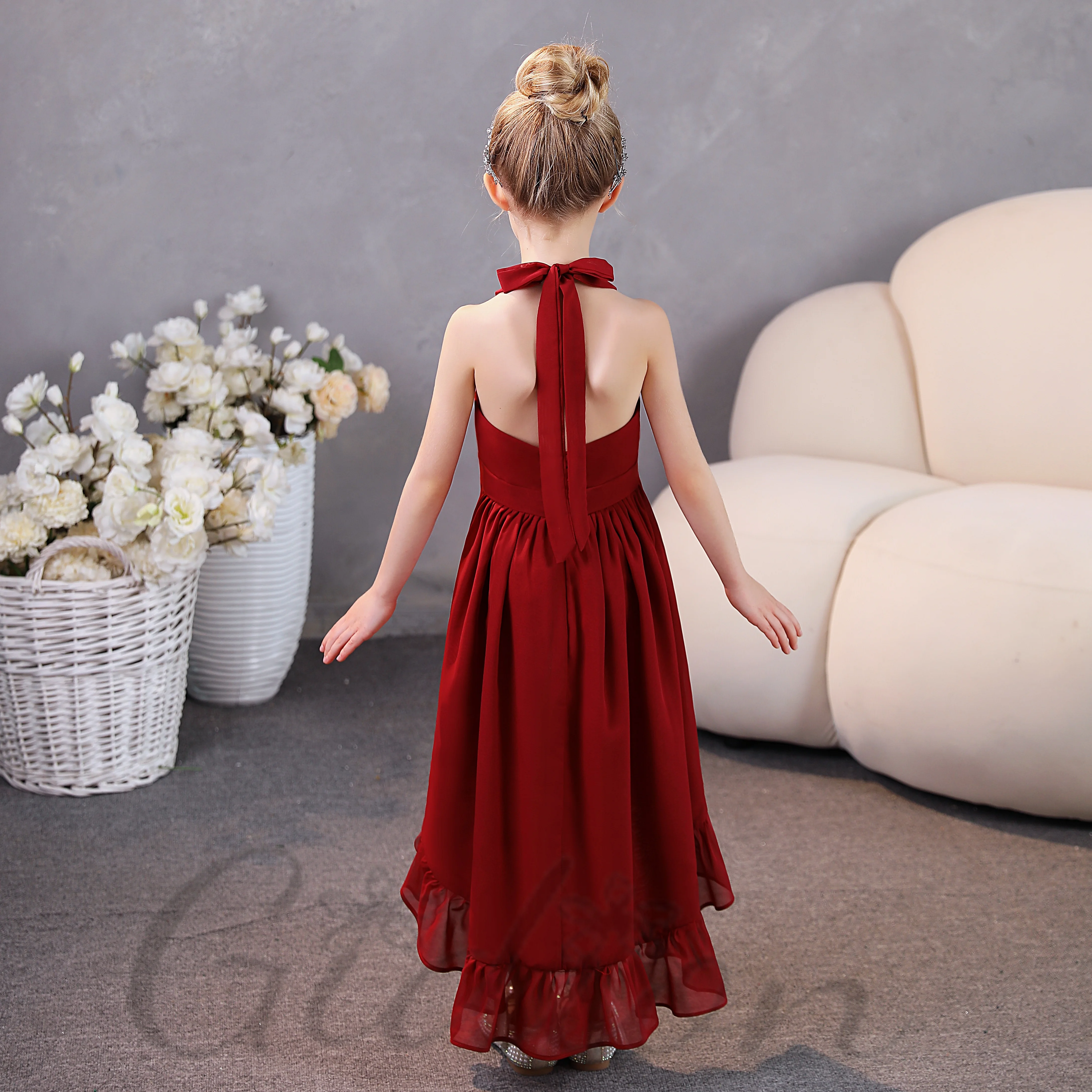 Halter Chiffon Junior Bridesmaid Dress For Children Festivity Celebration Wedding Ceremony Prom Night Ball Evening-Gown Pageant