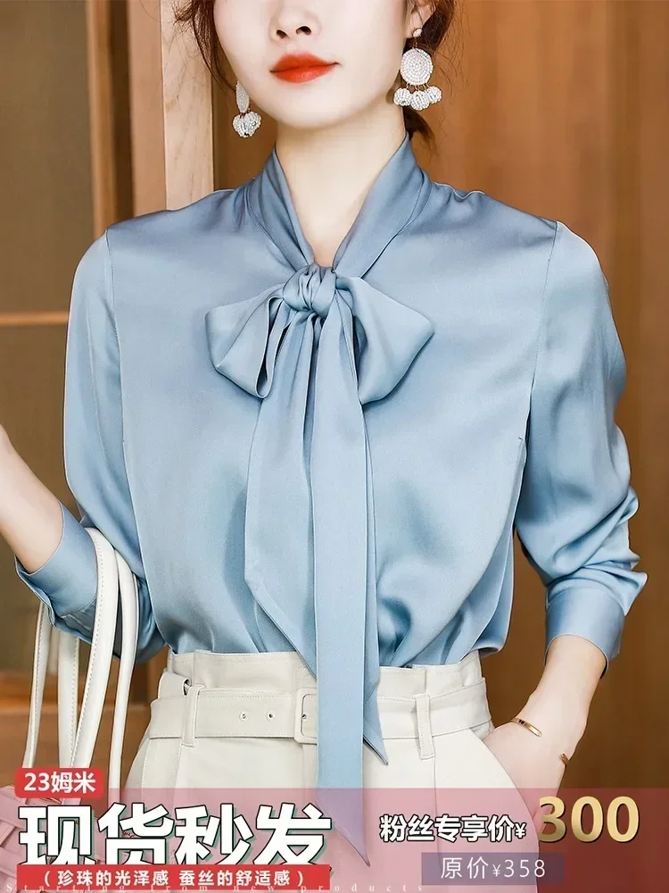 23MM  Women Silk Shirt White Women Luxury Brand Summer Spring Blue  Female All-match Ribbon Blouse Top Mulberry Silk Shirt