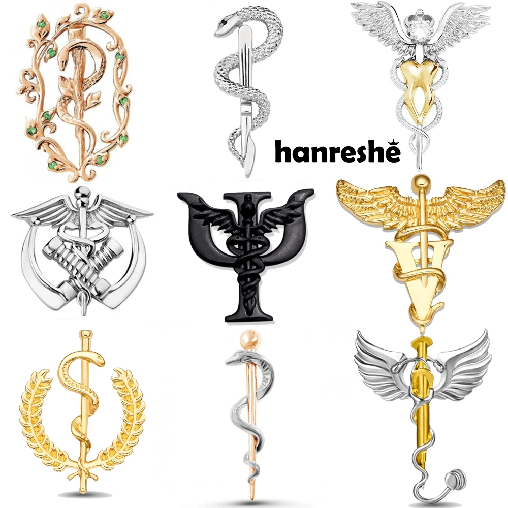 Hanreshe Medical Caduceus Brooch Pin Doctor Nurse Lapel Hat Bag Badge Brooches Medicine Psychology Surgery Jewelry Gifts