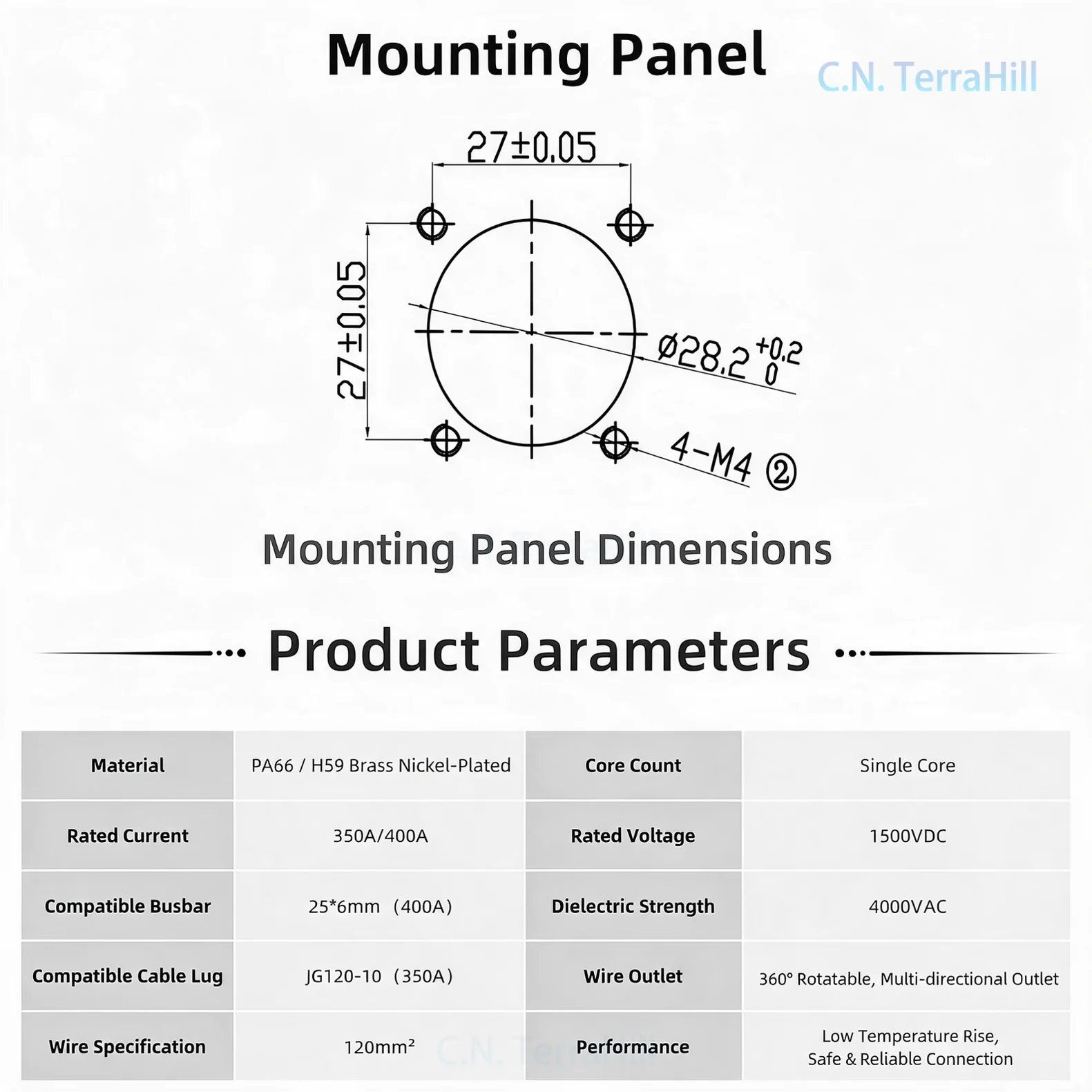 350A-400A High Current Battery Terminal Copper Square Wall-Through Energy Storage Connector for Battery Positive Negative Post