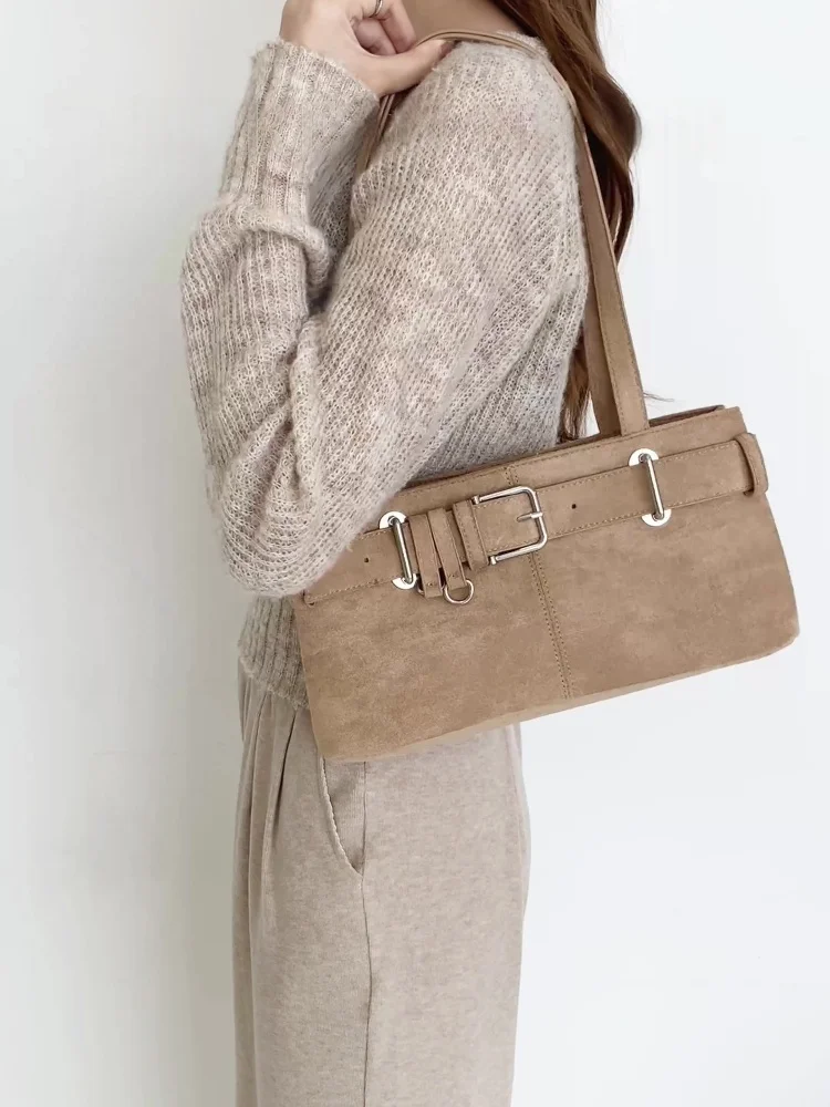 

Vintage Faux Suede Belts Deco Underarm Bag for Women Korean Style Belt Buckle Square Shape Shoulder Bag Lady Handbag Commute Bag