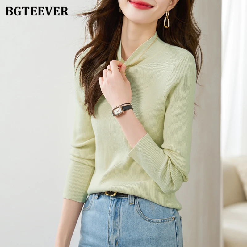 BGTEEVER سترات نسائية ضيقة ذات ياقة عالية بنصف ياقة عالية سترات خريف وشتاء غير رسمية أساسية بأكمام طويلة قطع علوية نسائية محبوكة #4