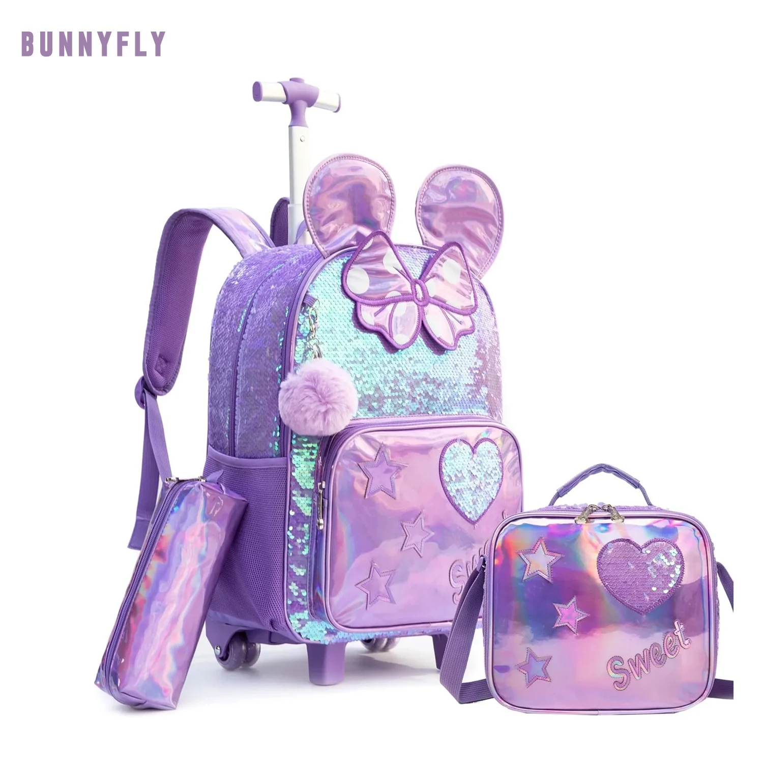 School Bags 3PCS Cute Girls Rolling Trolley Backpack Primary Children Backpacks Girl with Wheels Back To School Student Bags