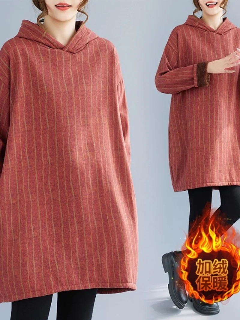 مطبوعة مقنعين البلوز فستان للنساء خريف شتاء 2025 عادية دافئة فضفاضة أفخم سميكة القطن معطف هوديي سترة W1001