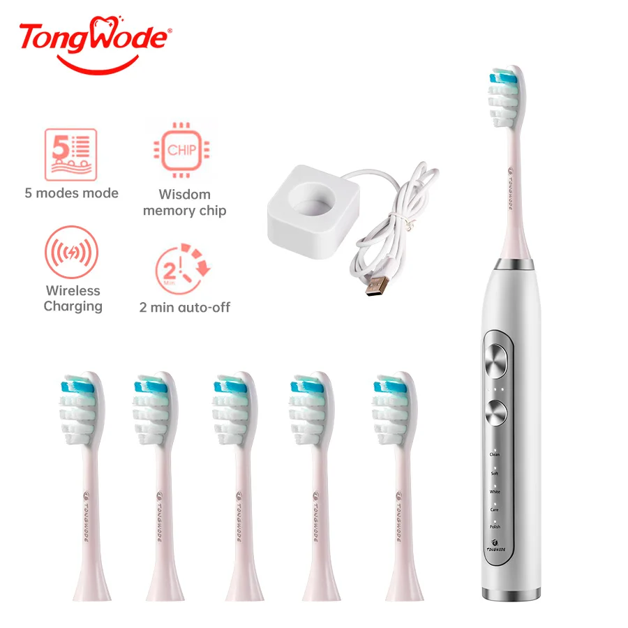 Tongwode Ultrasonic Electric Toothbrush Wireless Charging IPX7 Waterproof Replacement Heads Whitening Teeth Timer Smart 6 Brush