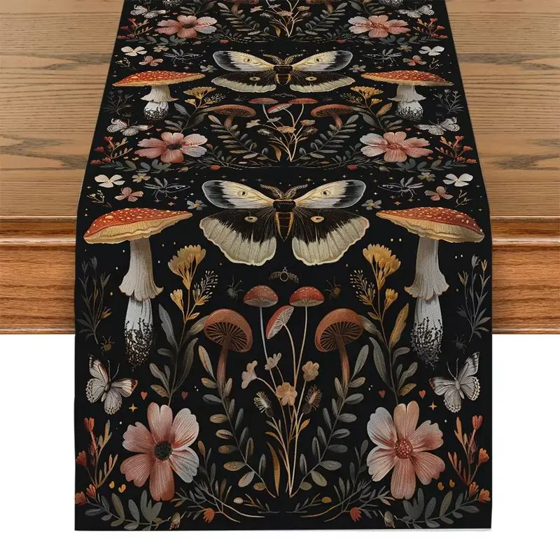 VIKAMA Boho Black Table Runner Vintage Mushroom Moth Butterfly Wildflower Botanical Table Flag Gothic Cottagecore Kitchen Party