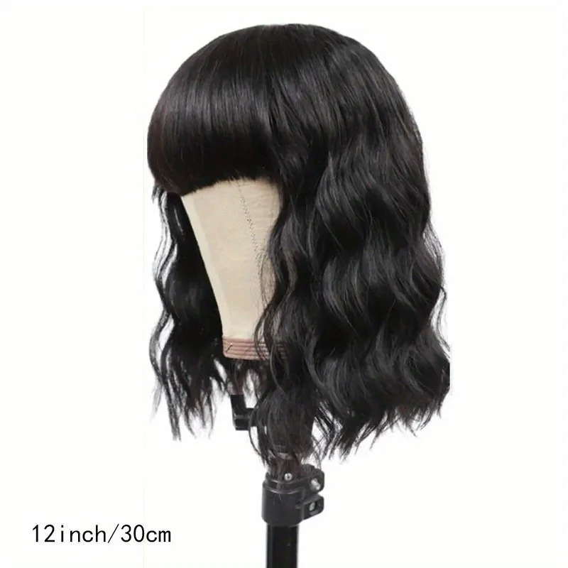 Body Wave Bob Wig With Bangs Short Full Machine Made Human Hair Wigs 220% Density Loose Body Wave Brazilian Natural Black Color image 6