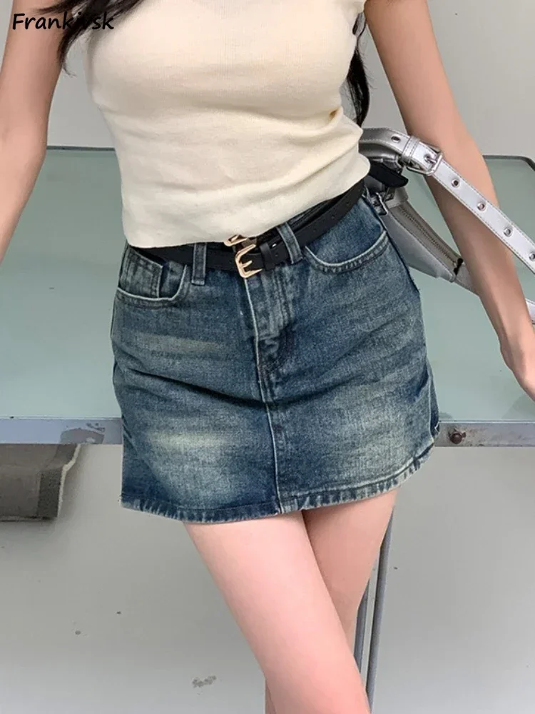 

Denim Skirts Women Slim Bleached Spring Summer Do Old A-line Hipster Elegant High Waist Classic Korean Commuting Style Youthful