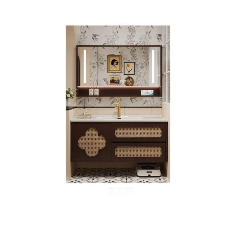 Medieval walnut rattan bathroom cabinet wash basin cabinet washbasin ceramic basin smart