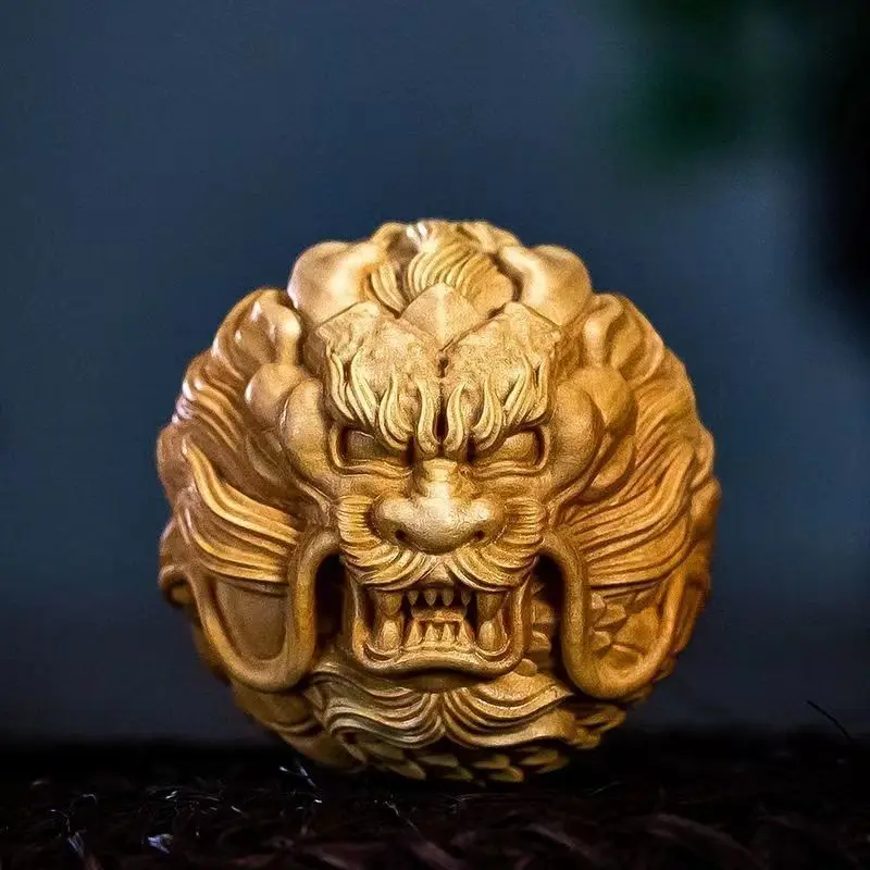 Yellow Wood Carving Hand Handle Piece Zodiac Dragon Player Health Ball Portable Plate Panlong Phoenix Text Play Carving Crafts