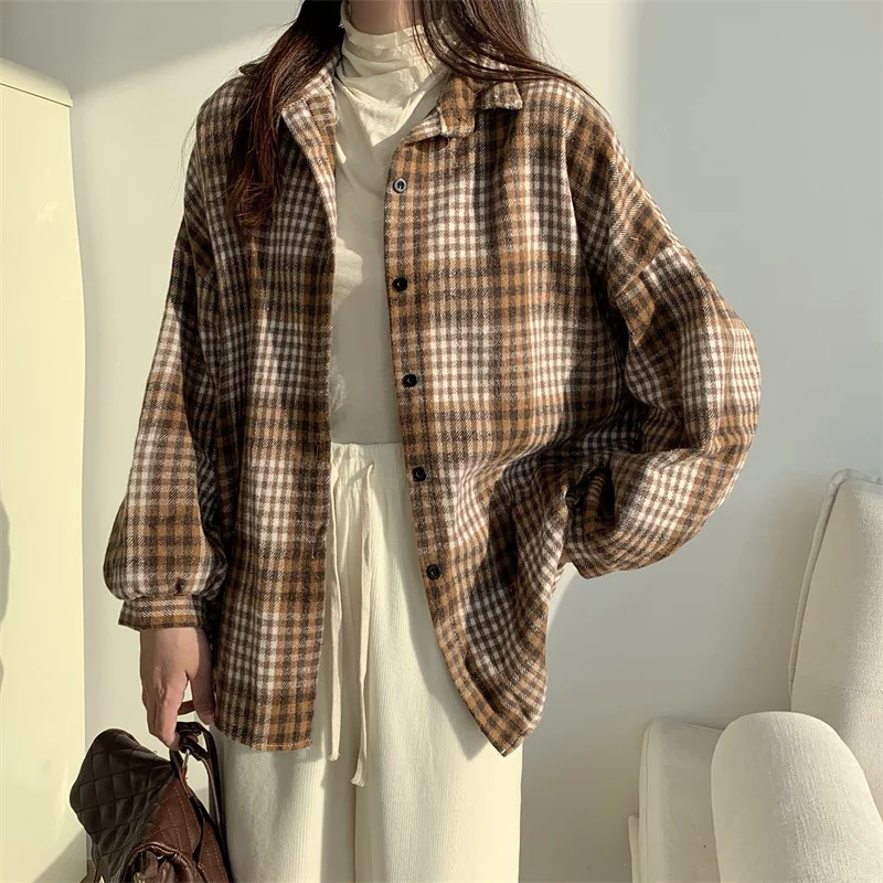 Aossviao 2025 engrossado lã xadrez camisa feminina solta meados de comprimento outono inverno nova blusa versátil botão na moda outerwear