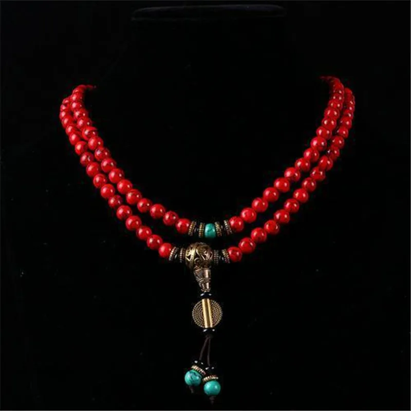 Charms Yoga 108 Red Turquoise Stone With Tassel Bracelet Hand Knotted Buddha Prayer Beads Meditation Mala Necklaces Bracelets