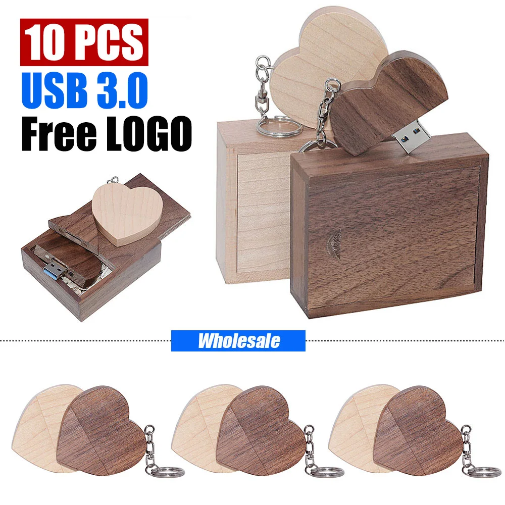 10pcs/lot Free Logo maple Wooden Heart + BOX USB Flash Drive Pendrive 128GB 64GB 32GB 16GB 8GB U Disk Photography Wedding Gifts