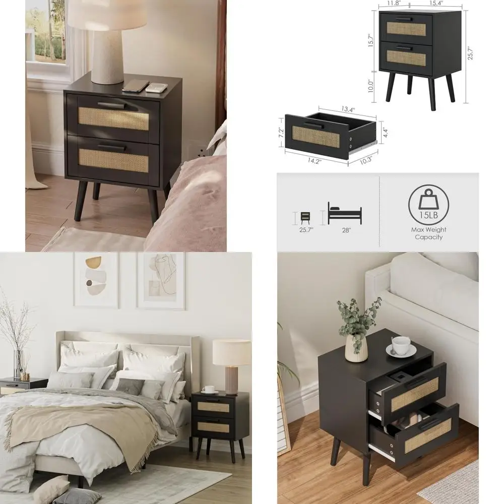 

Boho Chic Rattan 2-Drawer Nightstand, Compact Side Table for Bedroom, Living Room, or Office in Black
