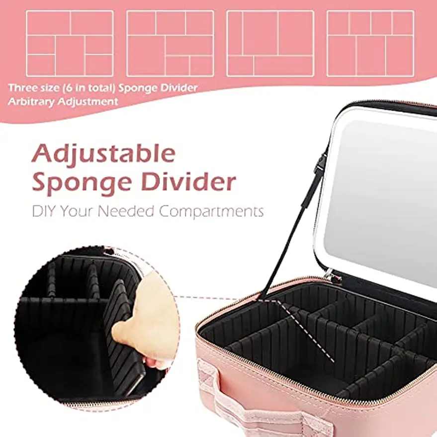 Travel Makeup Case with Large LED Mirror Partitionable Cosmetic Bag Professional Cosmetic Artist Organizer Waterproof Portable