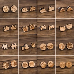 Cute Small Animal Earings Wooden Jewelry for Women Fashion Geometric Puzzle Paw Map Leaf Earrings Deathly Studs Gift