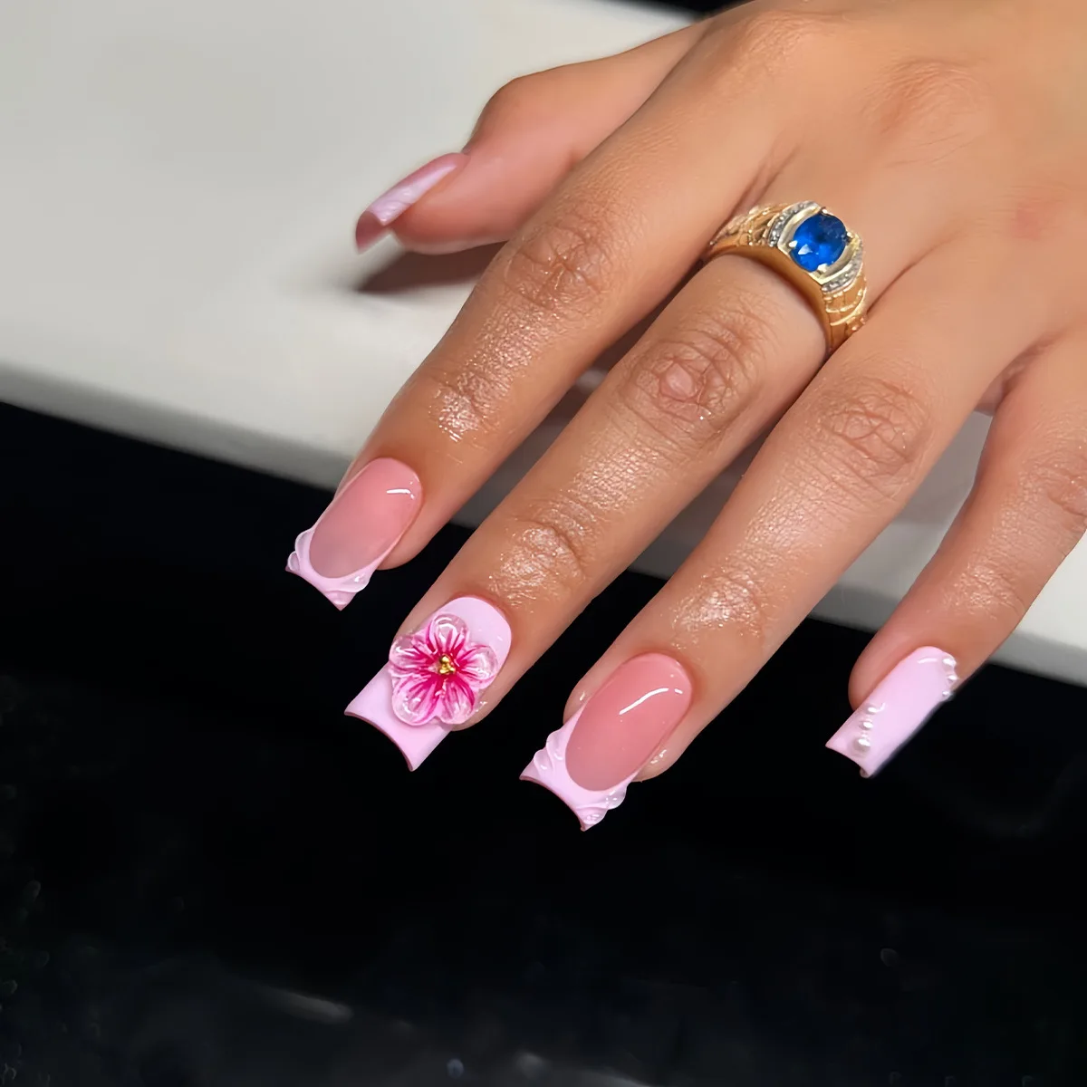 

24Pcs 3D Flower Pink French Nails Set Press on Mid-length Square Head False Nails with Pearl Wearable Full Cover Fake Nails Tips