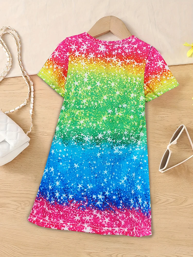 Girls Chic Color Block Unicorn Print Short Sleeve T-Shirt Dress Casual Dresses Summer Outwear