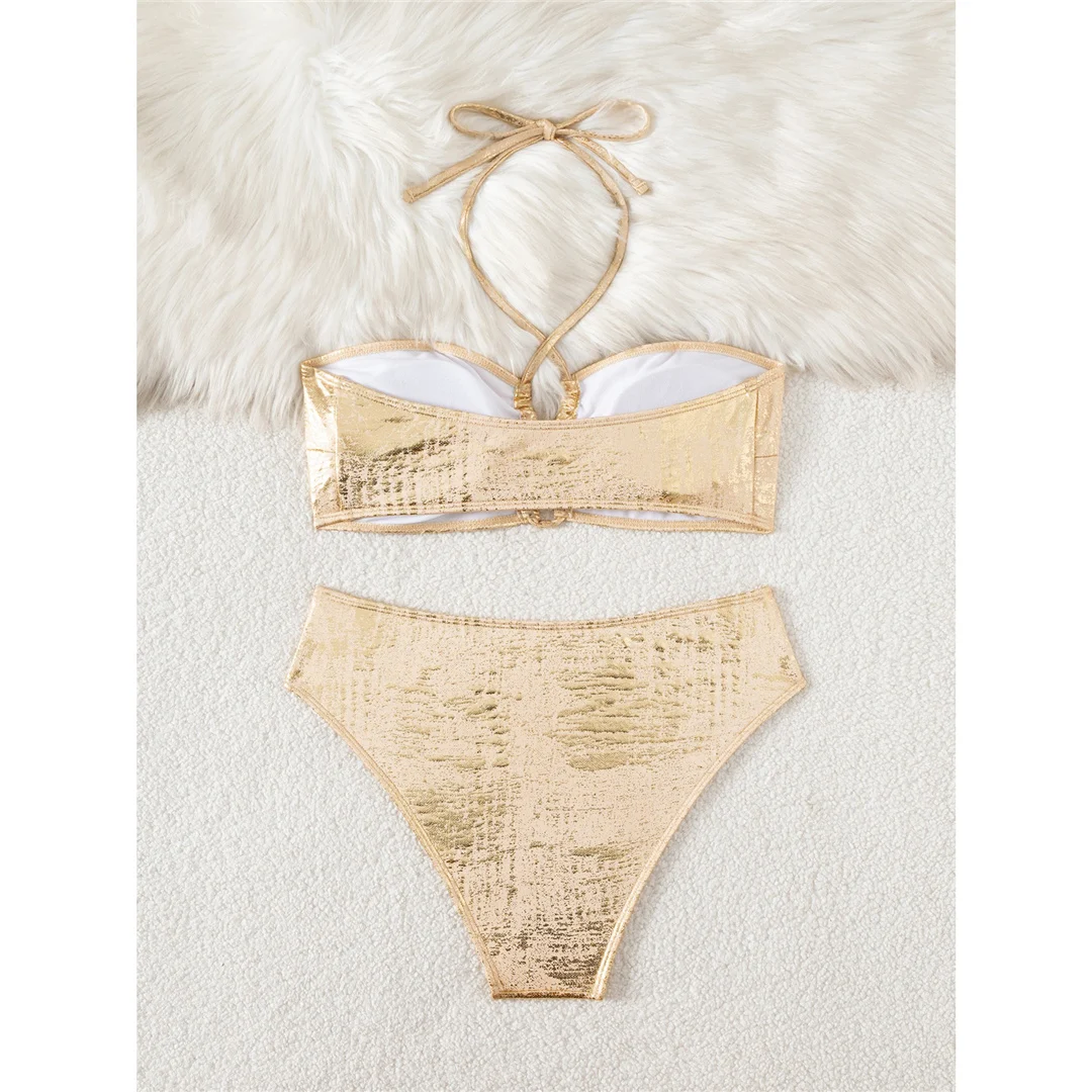 Funkelnder, halterneckiger, brasilianischer Bikini mit mittlerer Bundhöhe, Damen-Badeanzug, zweiteiliges Bikini-Set, Badebekleidung, Badeanzug, Schwimmkleidung V7160 – Detail 10