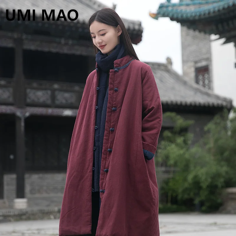 UMI MAO Winter Jacket New Retro Chinese Style Stand Up Collar Plate Buckle Medium Long Linen Loose Cotton Coat