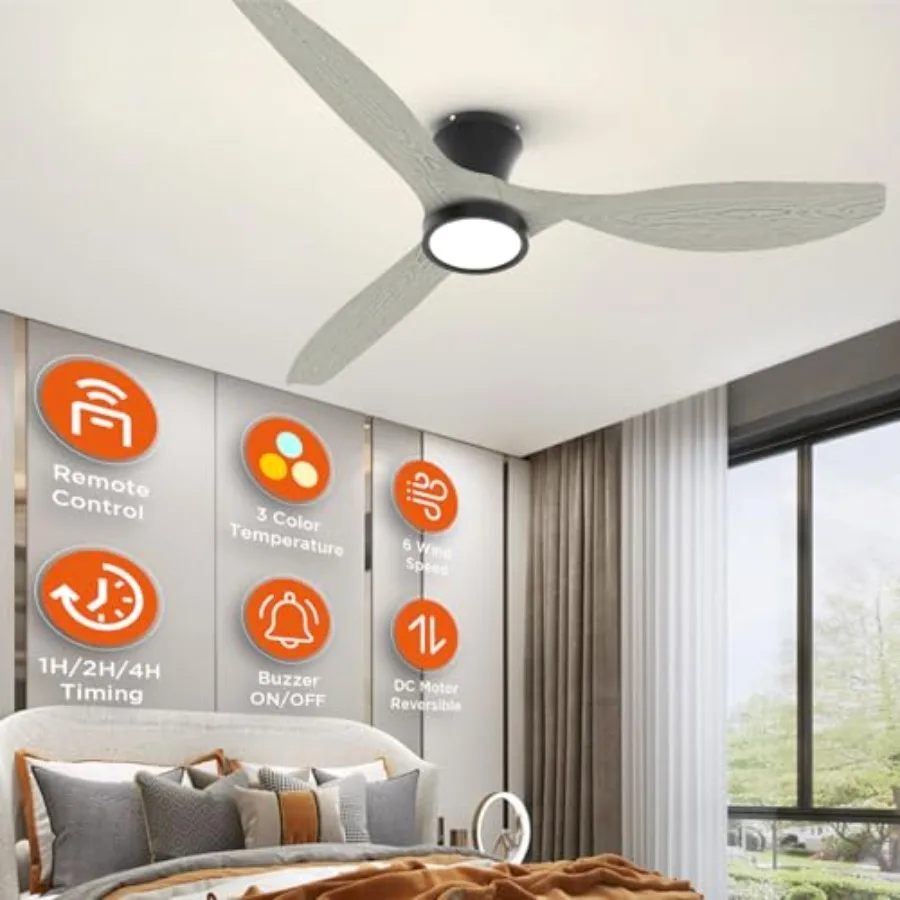 52 Inch Ceiling Fans with Lights LED Remote Control Flush Mount Low Profile for Bedroom Farmhouse Patio Outdoor Living Room Kit