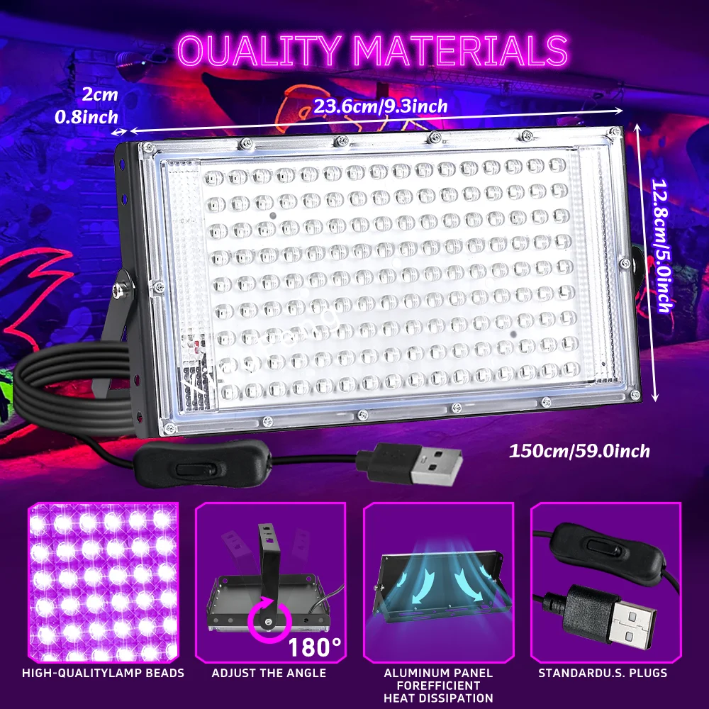 1/2/3/4 Confezione 144 LED USB UV Luce nera Plug and Play DC5V Luce di inondazione per feste luminose, Halloween, feste al neon, poster fluorescenti