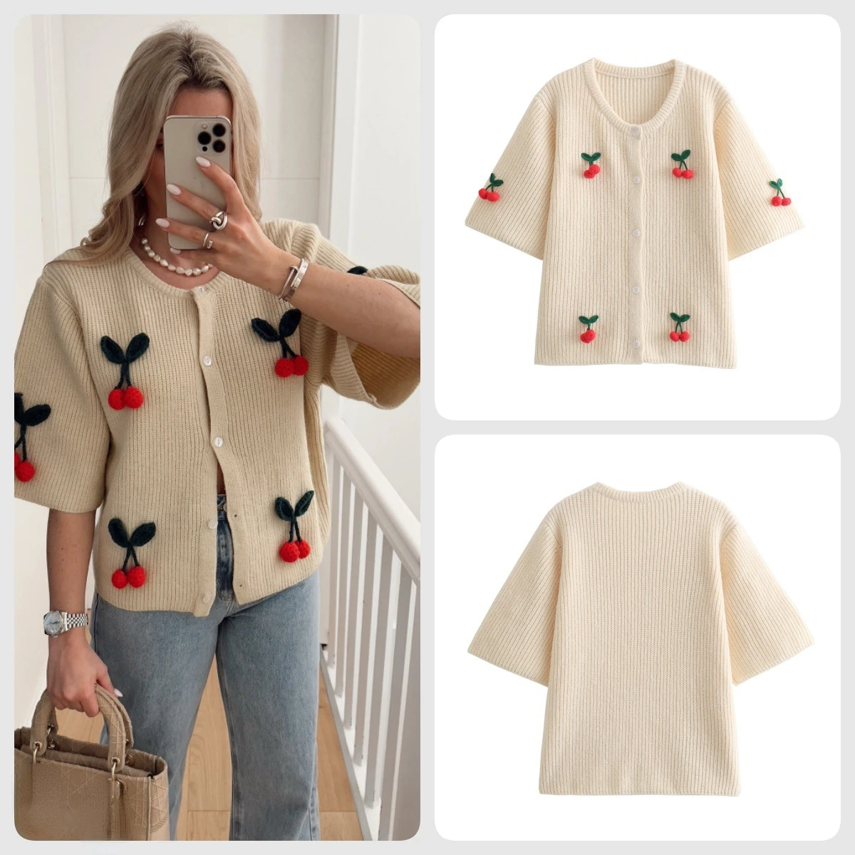 Spring and Summer 2024 New Women's Cherry Decorative Sweater Short Sleeves Fashion Casual Knitted Cardigan