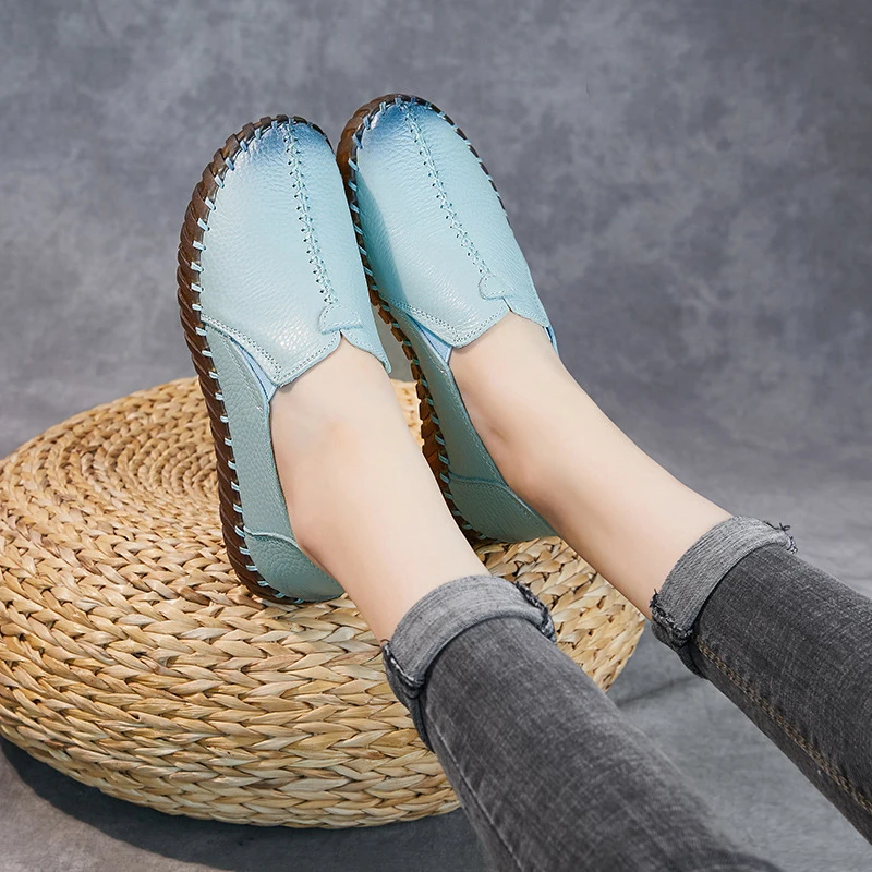 New Genuine Leather Shoes Women Cozy Soft Ballet Flats Handmade Slip On Shoes Ladies Driving Moccasins Blue Mother Nurse Shoes