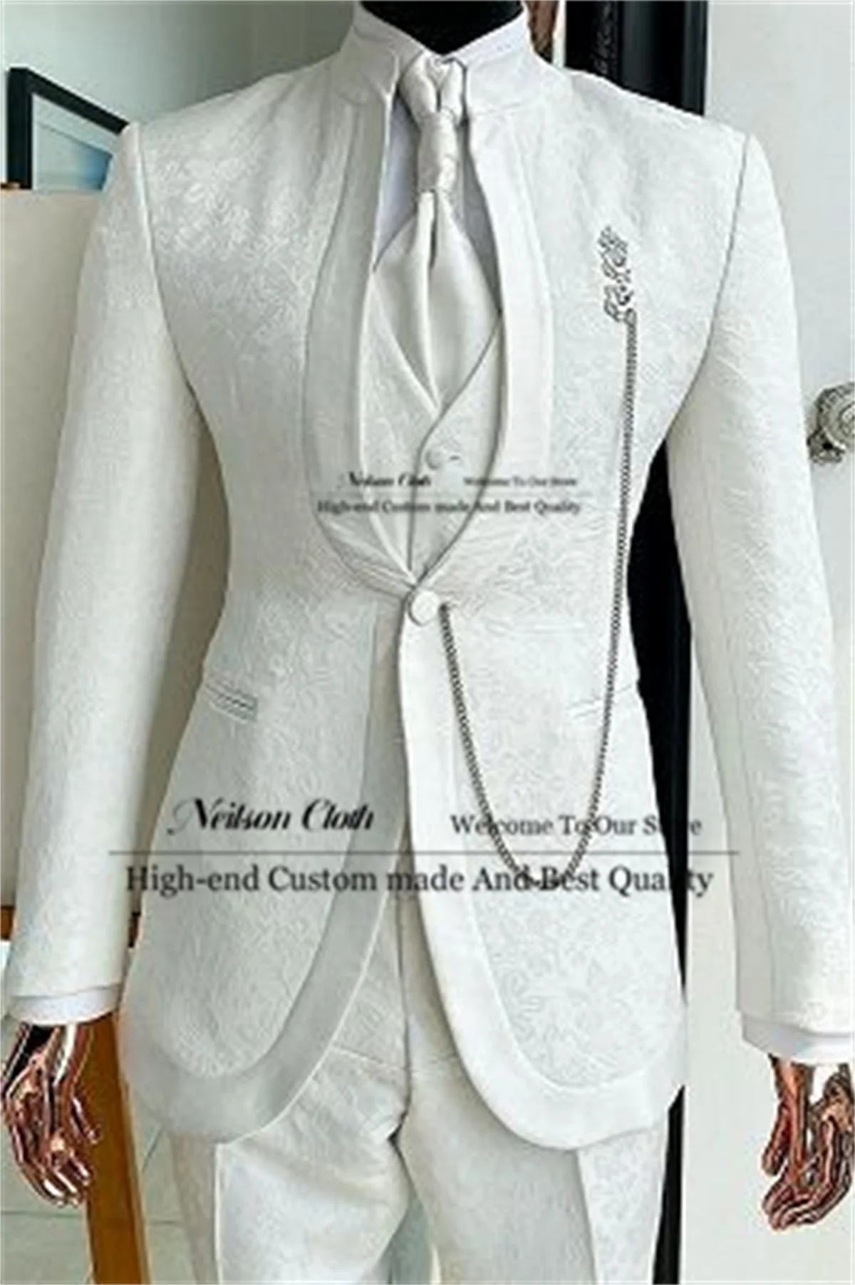 

Office White One Button Male Prom Blazers 3 Pieces Sets With Jacquard Groom Wedding Tuxedos Slim Fit Groomsmen Terno Masculino