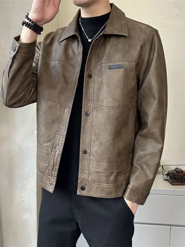 

American Retro Leather Jaet Men's Spring Autumn Faion Versatile High-End Feel Motorcycle Sle Collar Jaet Trendy