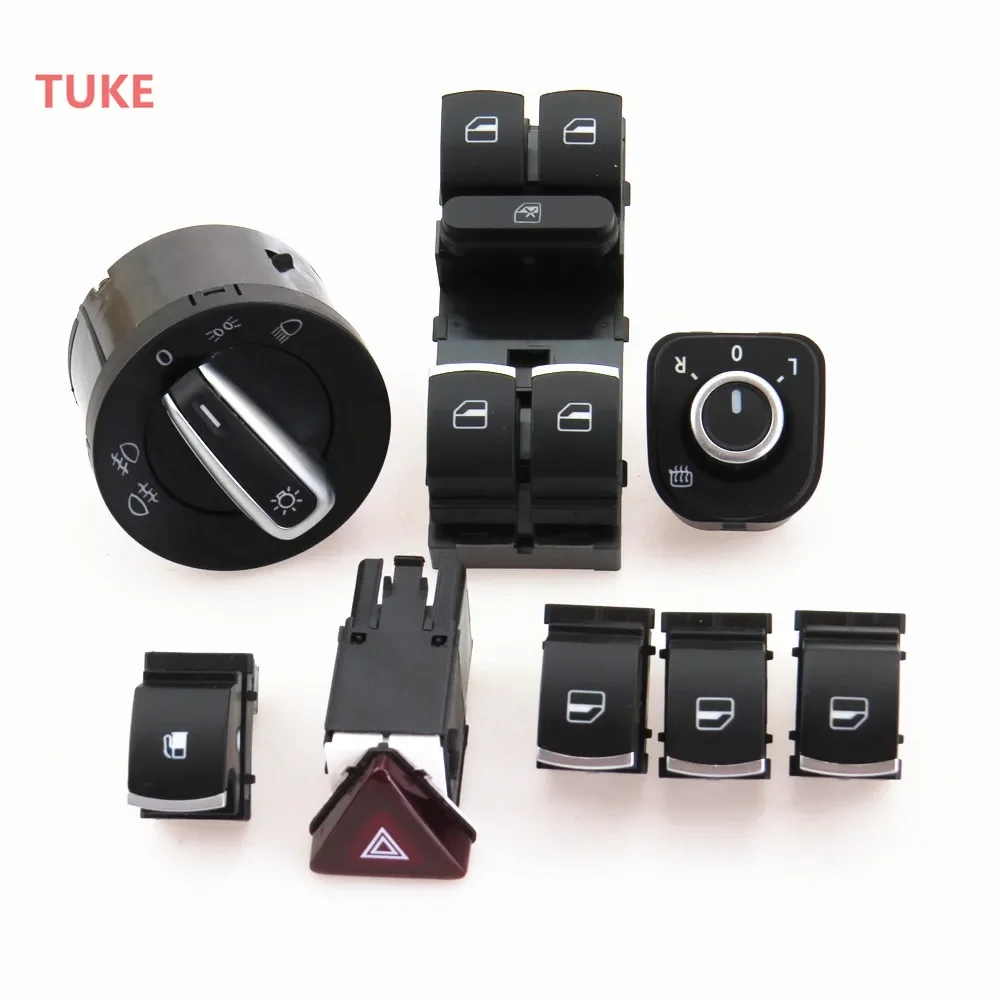 

RWSYPL New 8 Pcs Chrome Combination Switch Button Knob Kit For VW Golf MK5 Rabbit 5ND941431A 18G953509 5ND 959 855 1KD 959 833 B