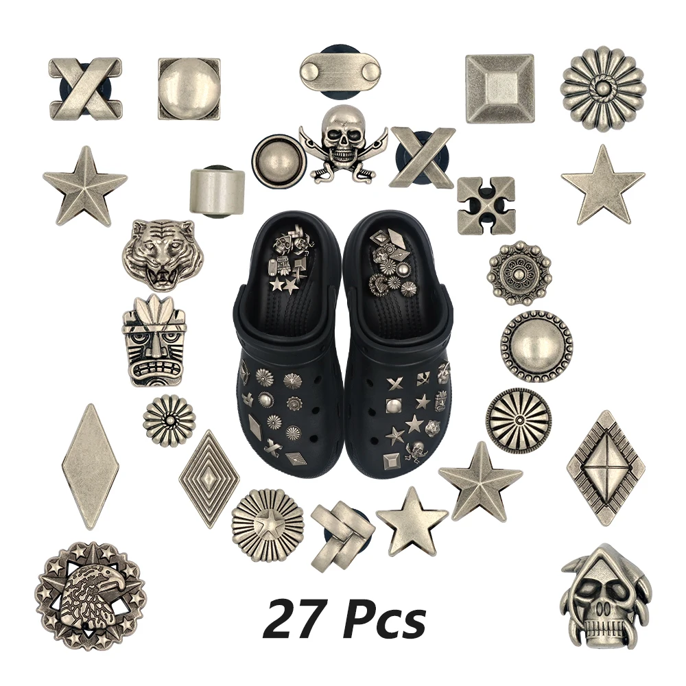 27Pcs Vintage Clogs 지비츠 버튼 Shoe Accessories Tiger DIY Metal Eagle Square Rivets Pentagram Primitive Man Breloque Enfant Sandals
