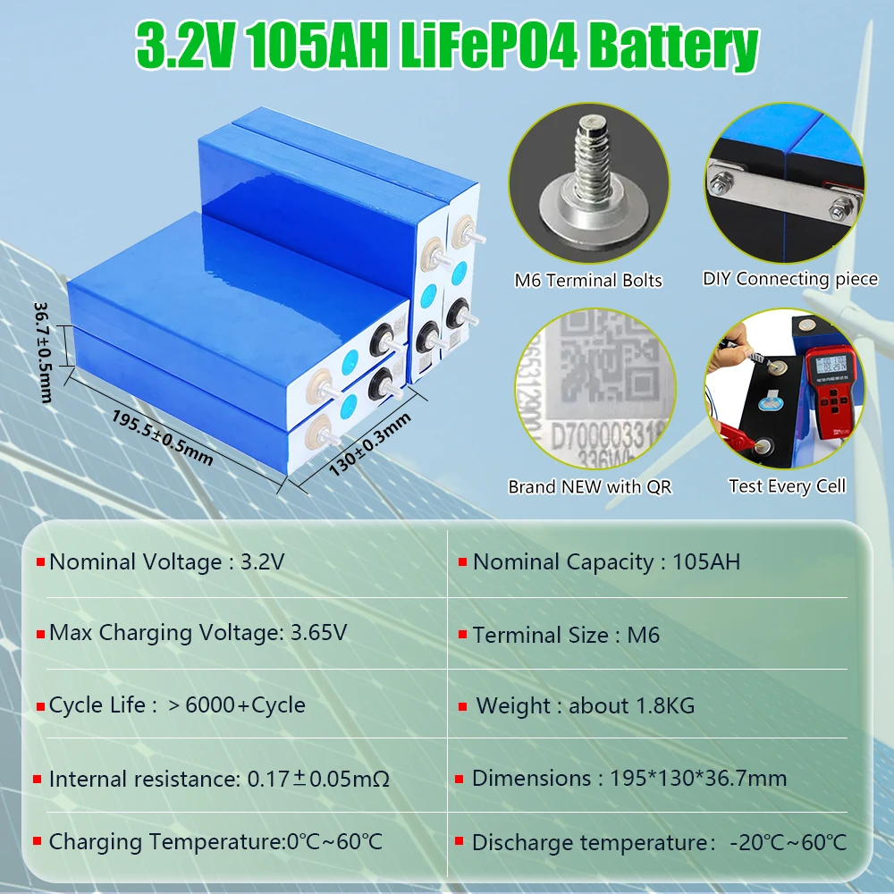 105Ah 3.2V LiFePO4 Battery Cell 200Ah 280Ah 12V 24V 48V Grade A, 6000+ Deep Cycle Lithium Iron Phosphate Rechargeable Battery