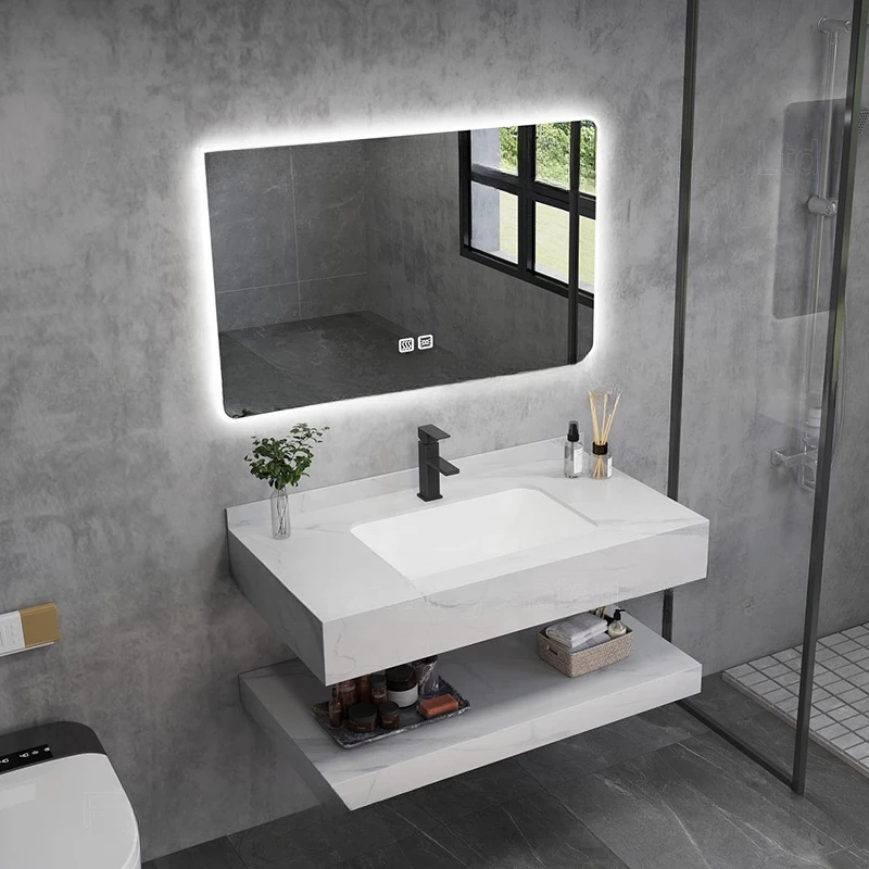 Factory Supply Modern Hotel Marble Sintered Stone Basin Sink Cabinet Smart LED Mirror Bathroom Vanity