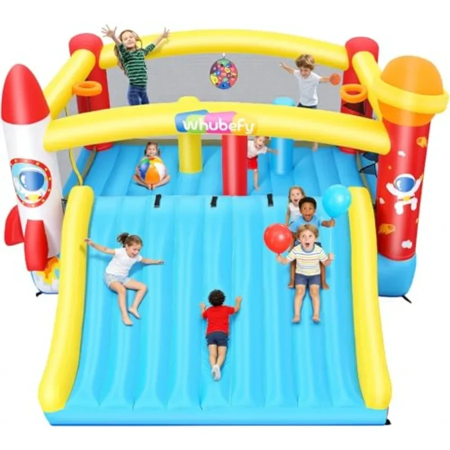 

Inflatable Bounce House with Mega Elevated Slide for Big 3-12 Space Rocket Bouncy Castle Play Center with 3 Dodge and Weave Obs