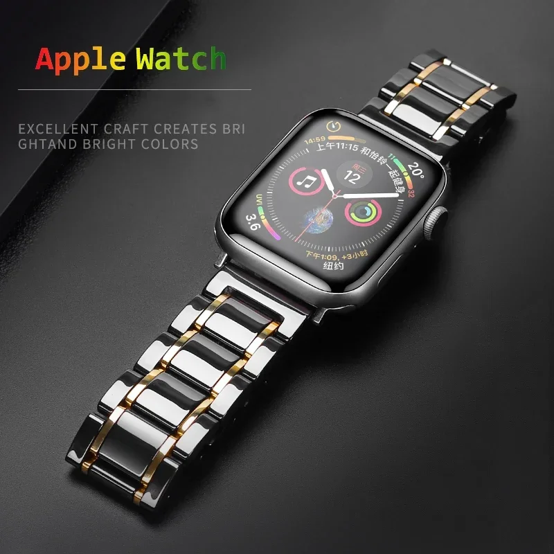 Ceramic Strap for Apple Watch Ultra 2 49mm 10 9 8 7 46mm 45mm 42mm Stainless Steel Bracelet for Series 6 5 4 SE 44mm 40mm Band