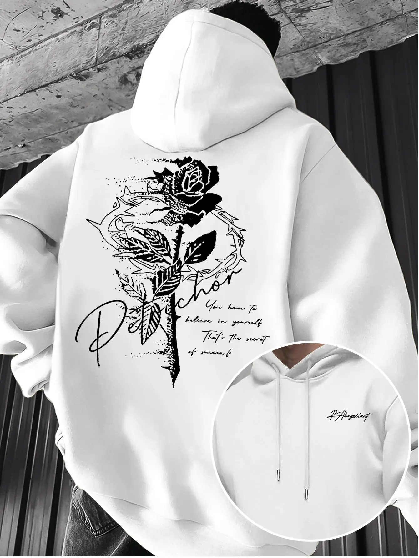 Thorn Rose Handwritten English Vintage Distressed Print Hooded Sweatshirt for Men, Niche Artistic Casual Pullover Hoodie