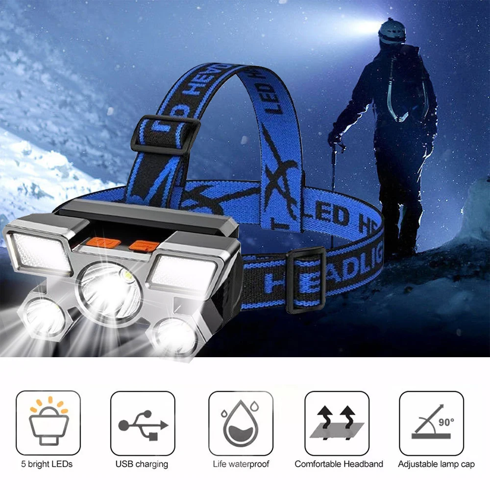 USB Rechargeable Headlamp Portable 5LED Headlight Built In Battery Torch Portable Working Light Fishing Camping Head Light For T