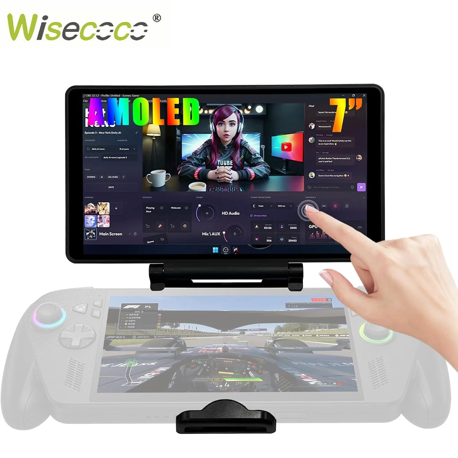 Wisecoco Dual Screen Add-on Expand 7 Inch AMOLED Touchscreen Back Clip Design With TypeC Plug For ROG Ally Handheld Game Console