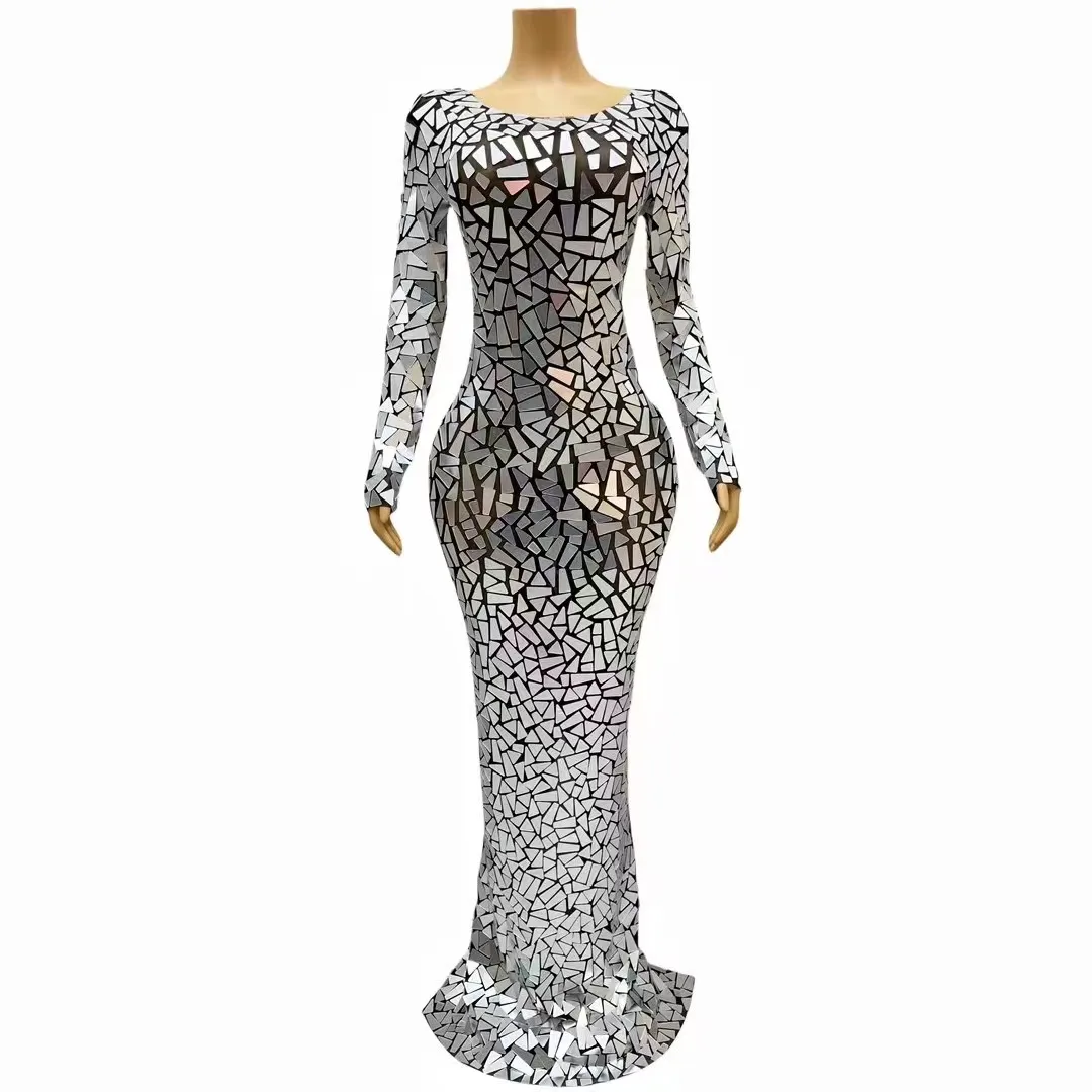 Sparkly Full Silver Mirrors Sexy BlackTransparent Dress Evening Birthday CelebrateCostume Prom Performance Outfit