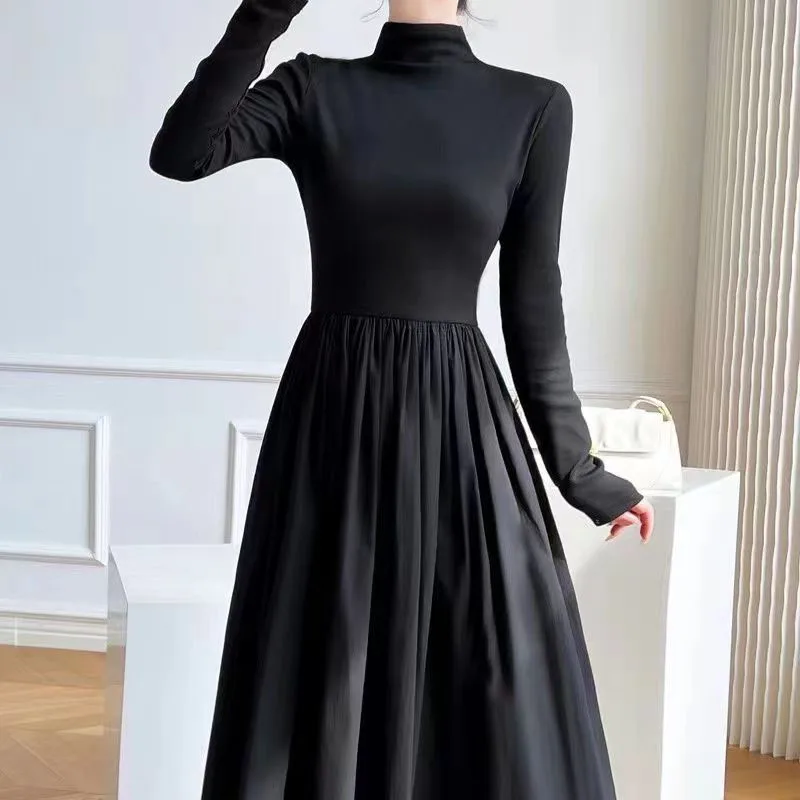 Lucyever Style français noir a-ligne robes femmes élégant taille haute à manches longues robe Midi automne hiver coupe ajustée robe Maxi